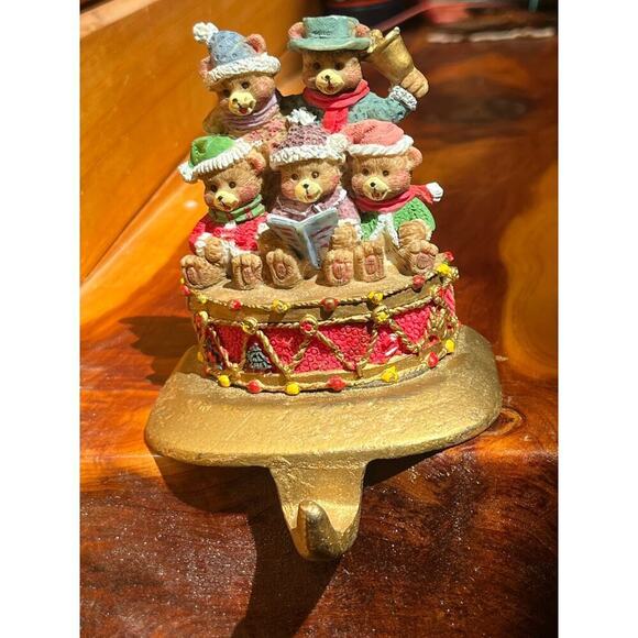Vintage Metal Christmas Stocking Holder. Teddy Bears Singing Carols on drum. - Picture 1 of 6